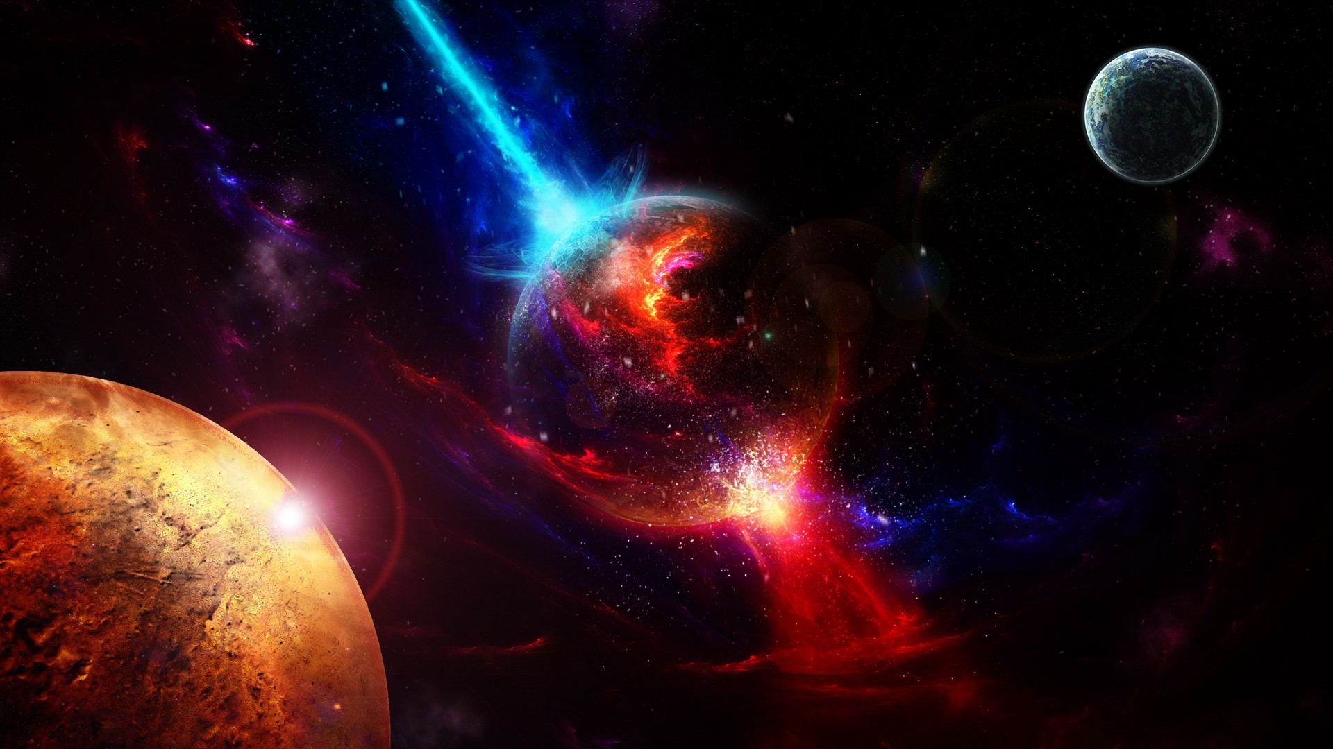 包含行星与明亮能量轨迹的宇宙风格壁纸
